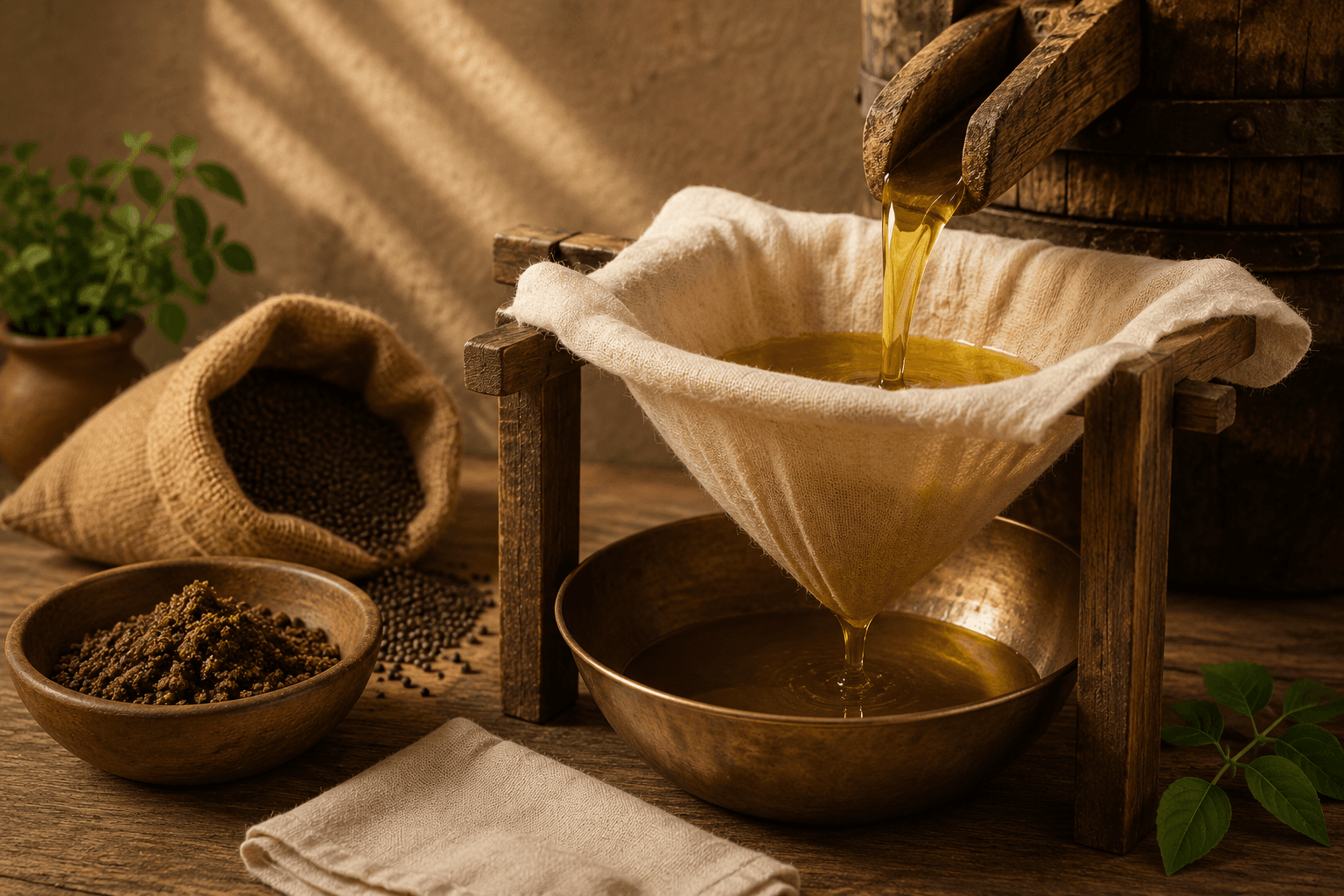 Fresh-pressed oil being naturally filtered, no chemical treatment