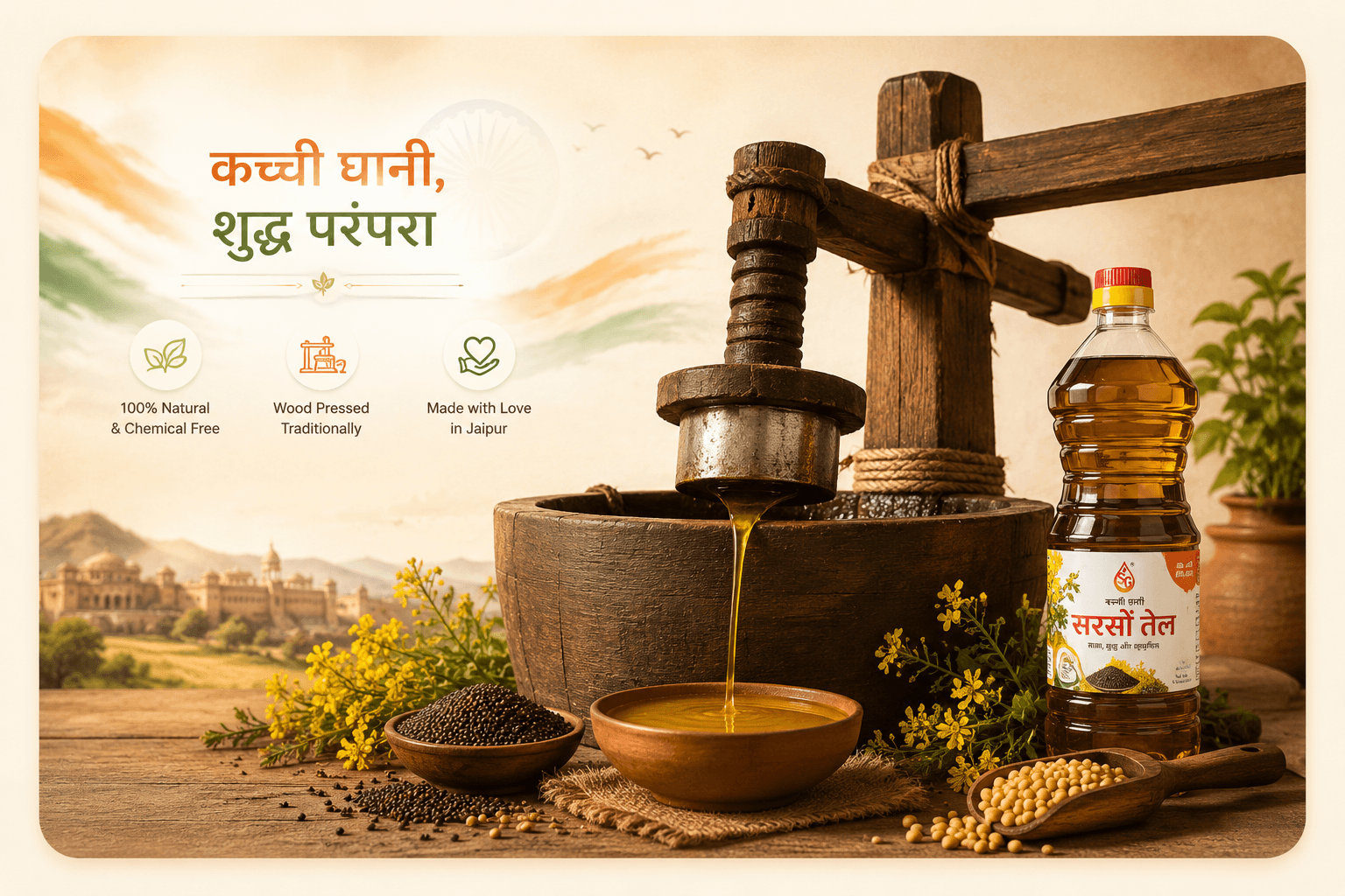 Kachi Ghani wooden press extracting fresh mustard oil in Jaipur