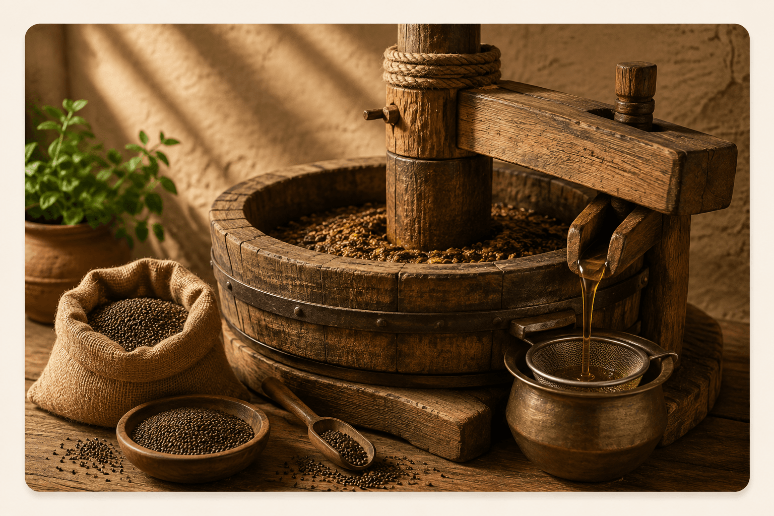 Traditional wooden ghani slowly extracting oil from seed